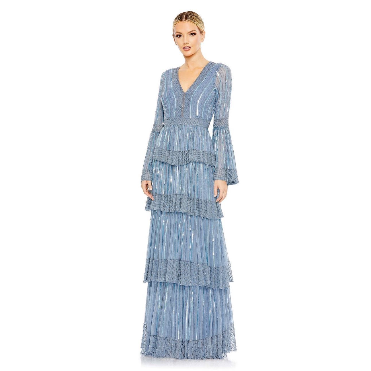 Nwt Mac Duggal Embellished Bell Sleeve Tiered Gown